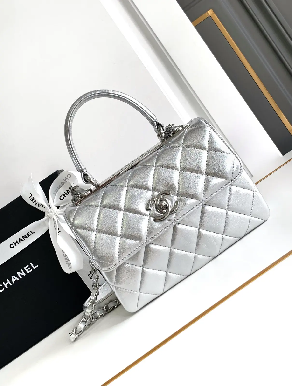 Chanel Quilted Metallic Silver Top Handle Bag image 1