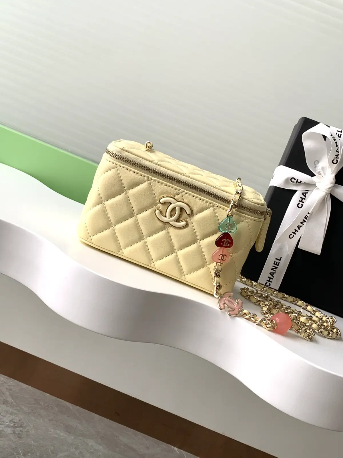 Chanel Quilted Lambskin Cosmetic Bag with Enamel Charm Chain image 1