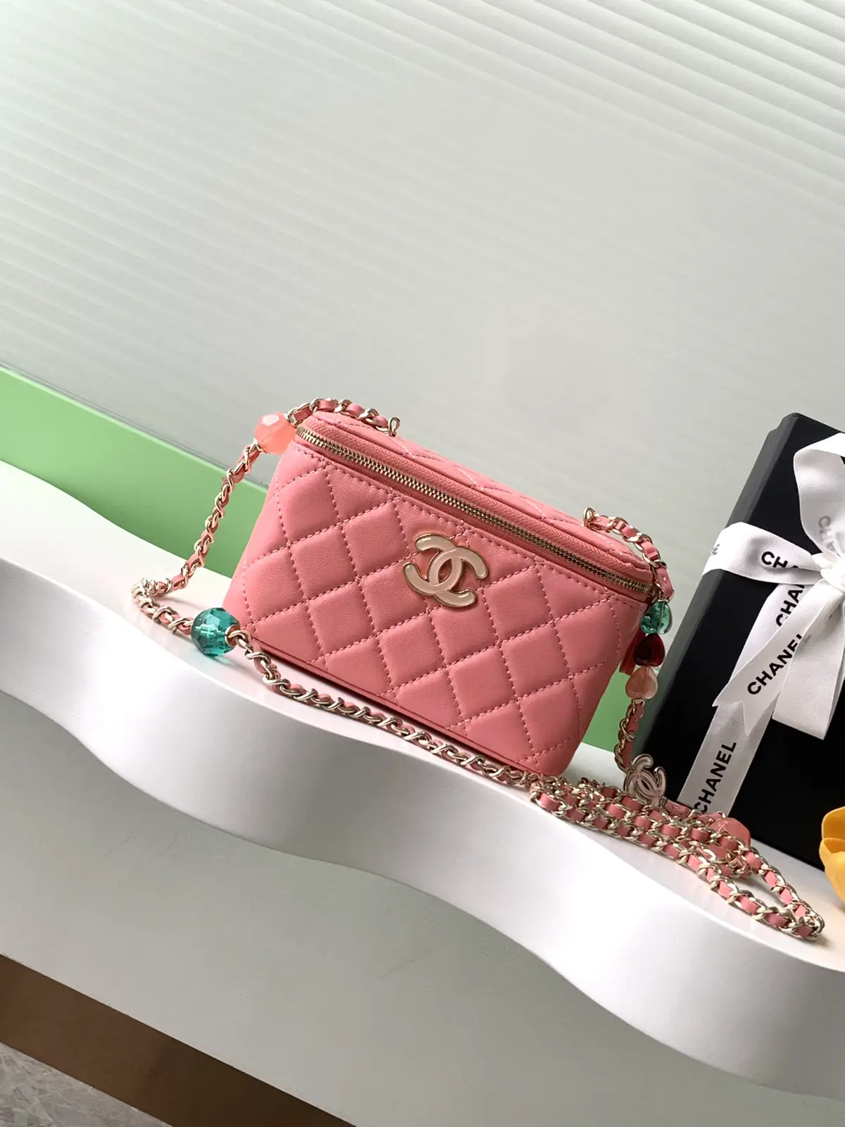 Chanel Quilted Cosmetic Bag with Beaded Chain Strap image 1