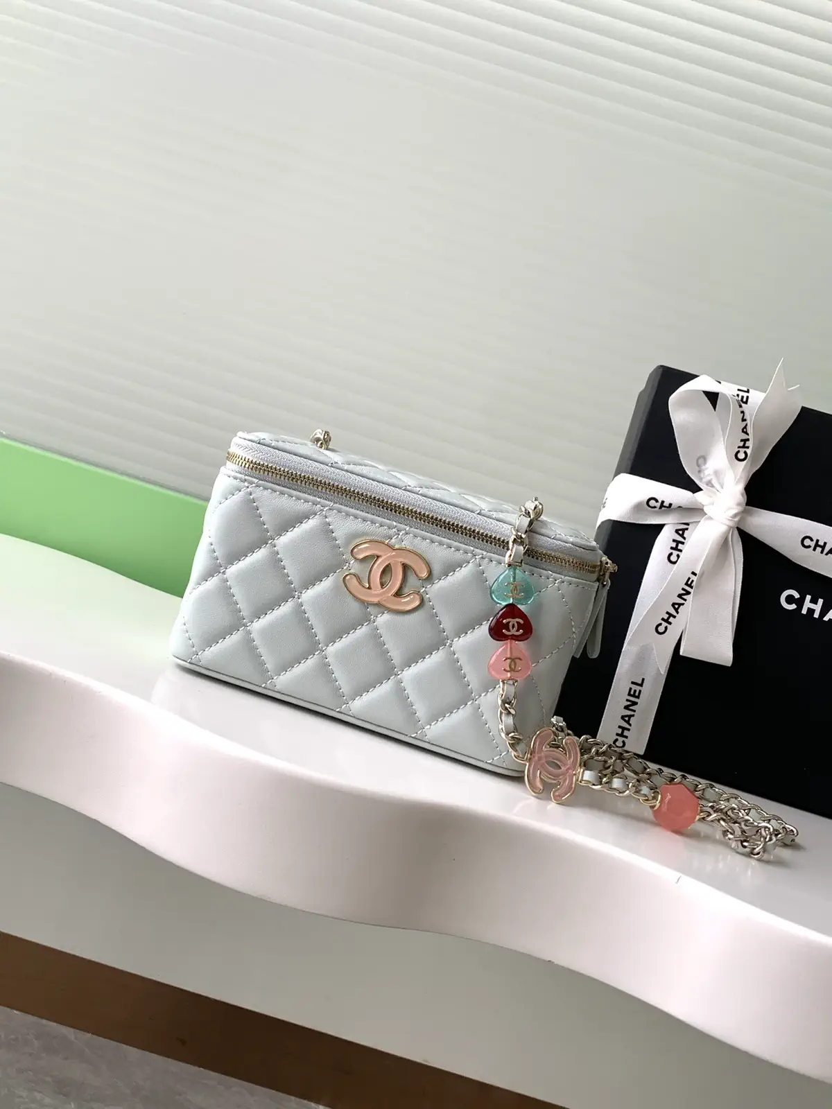 Chanel Quilted Cosmetic Bag with Heart Charm Chain image 1