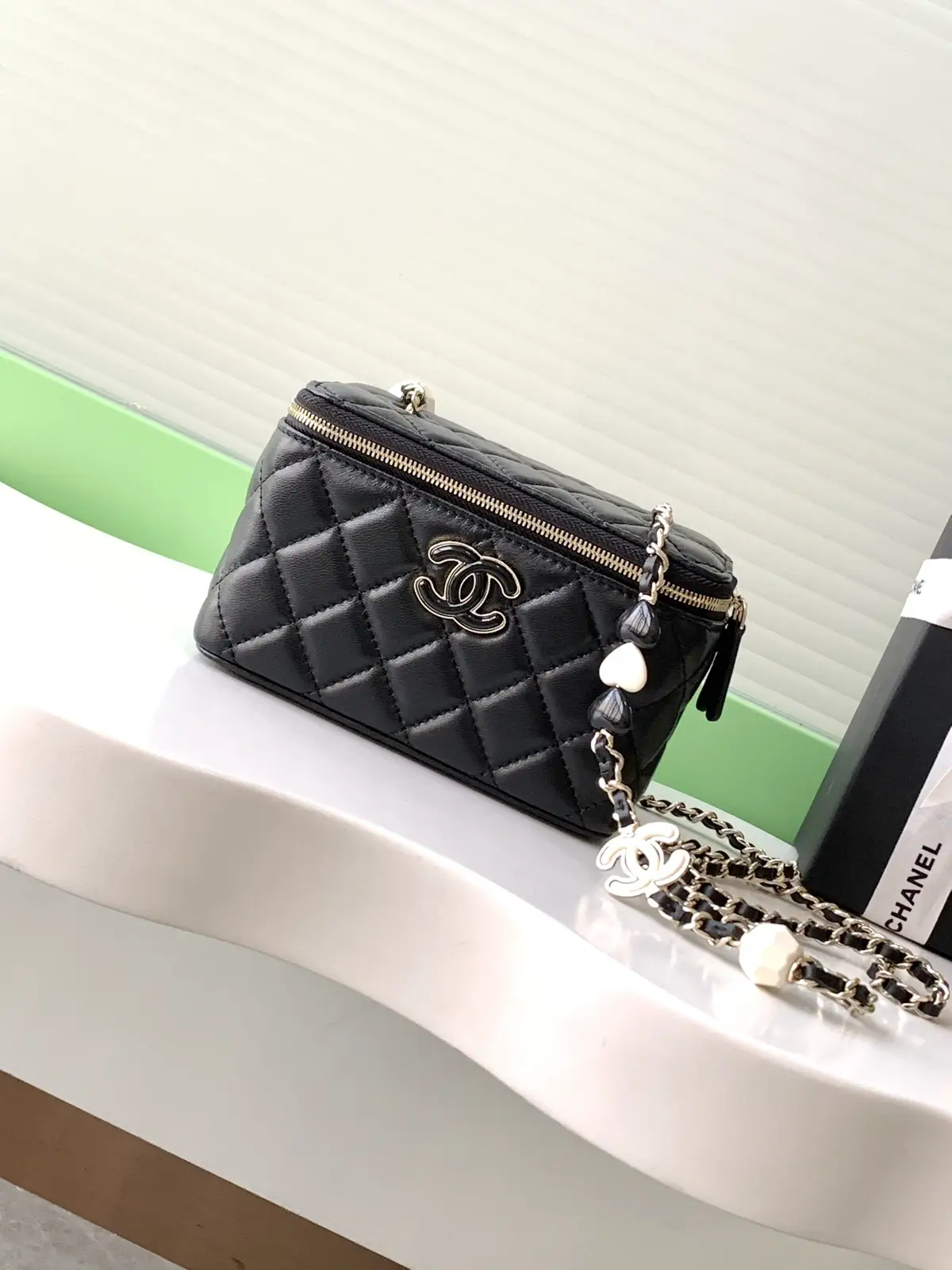 Chanel Quilted Lambskin Cosmetic Bag with Enamel Charm Chain image 1