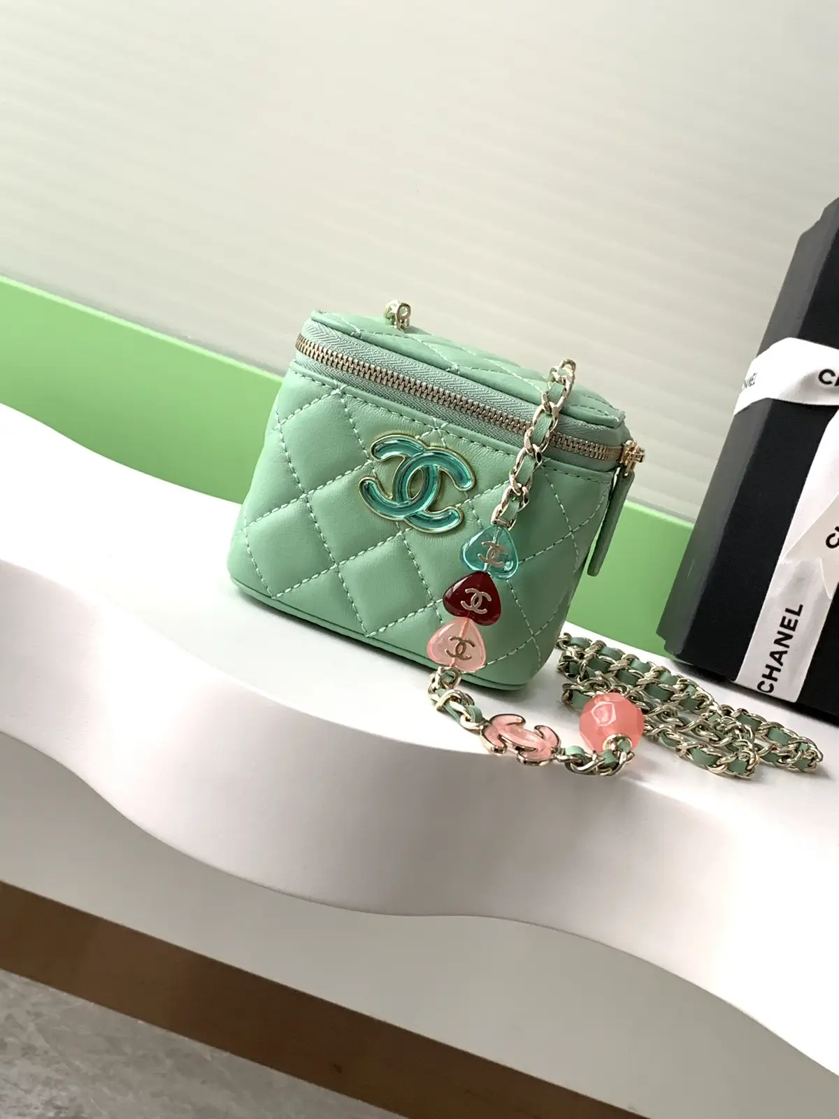 Chanel Quilted Cosmetic Bag with Enamel CC Charm Chain image 1