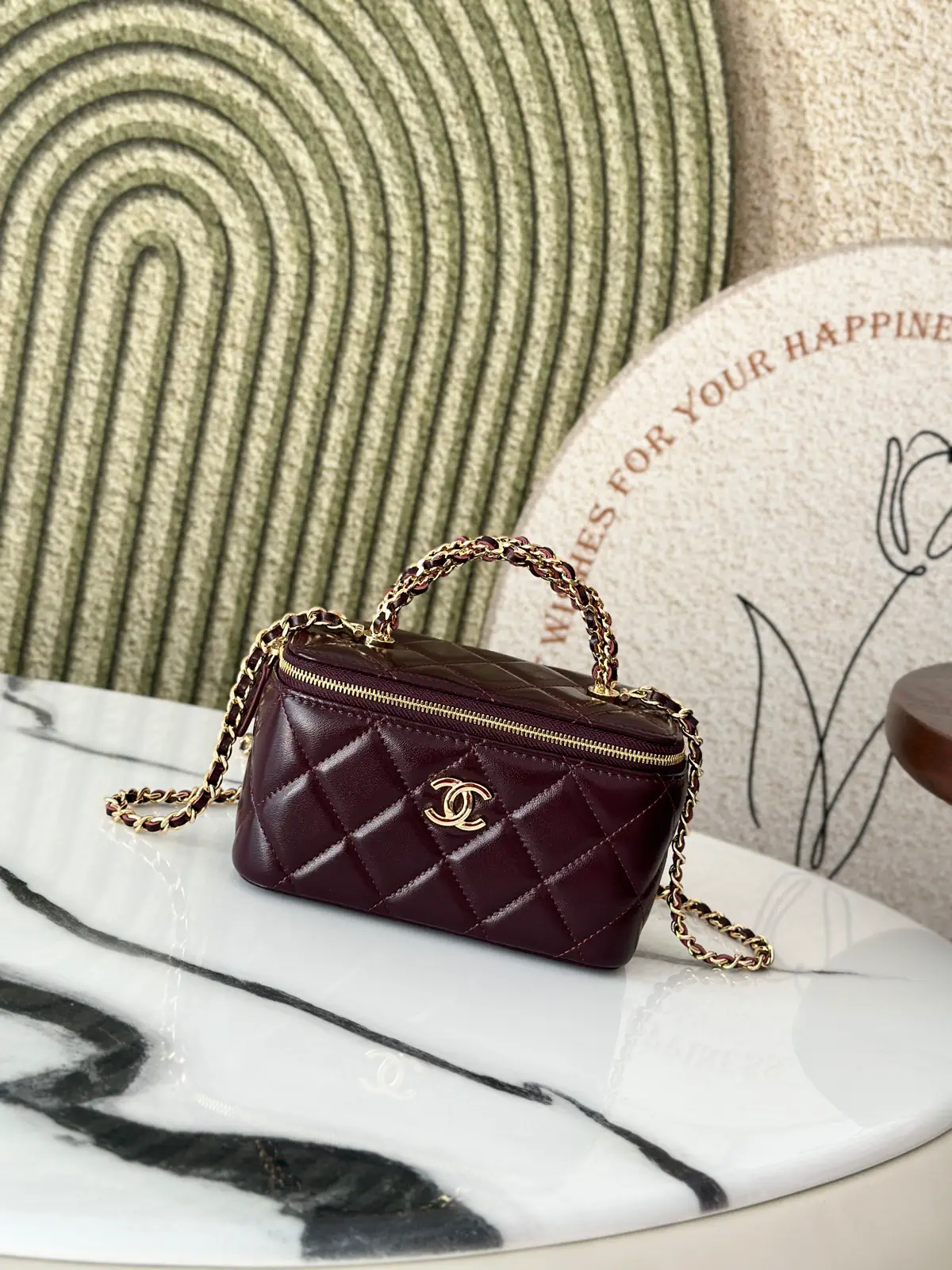 Chanel Quilted Cosmetic Bag with Chain Strap and Woven Handle image 1