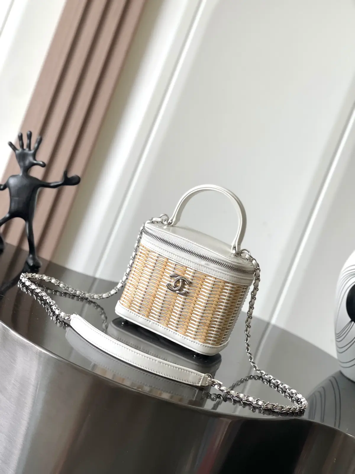 Chanel Woven Rattan Cosmetic Bag with Top Handle and Chain Strap image 1