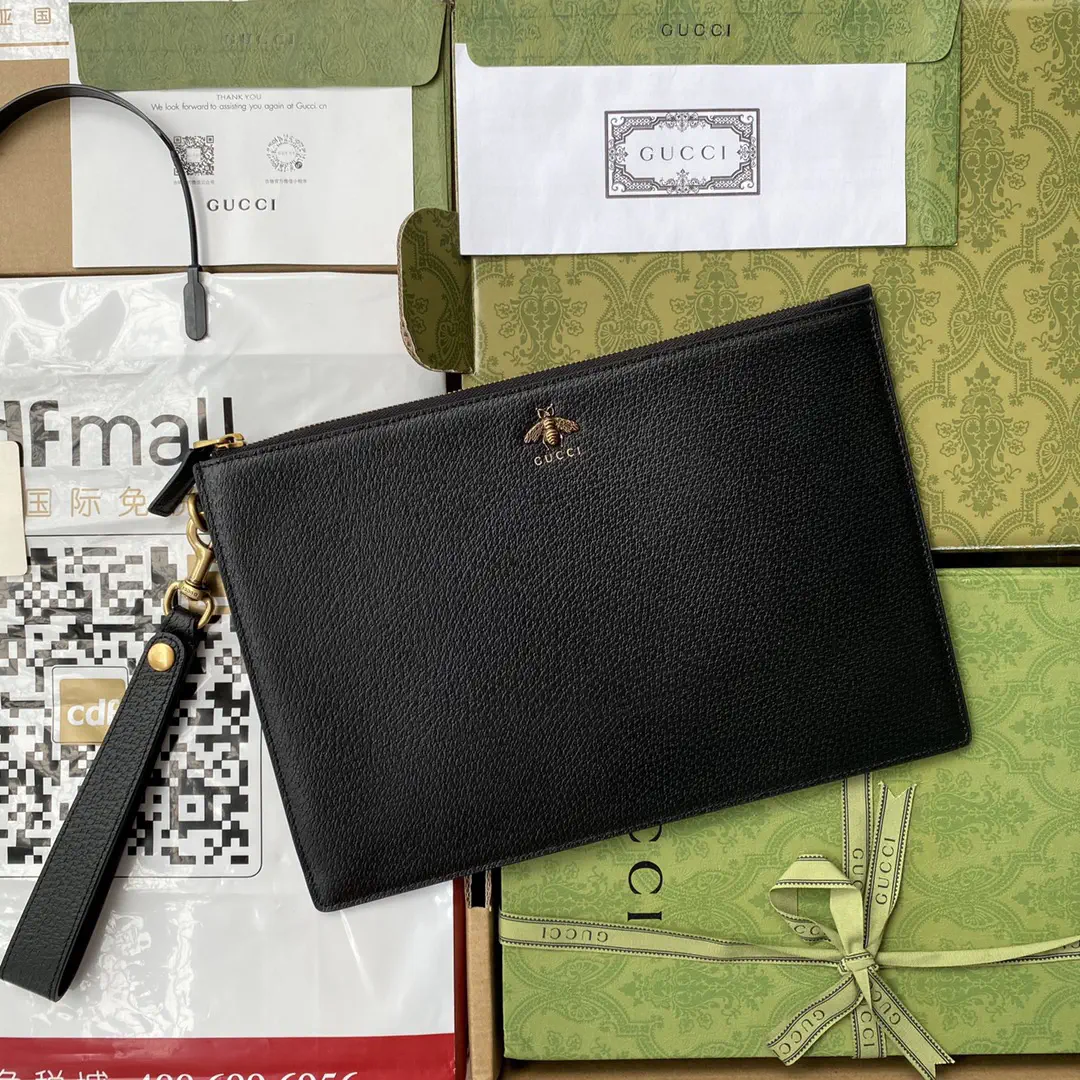 Gucci Black Leather Clutch with Bee Accent image 1