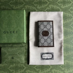 Gucci Monogram Canvas Card Holder with Brown Leather Trim image 1