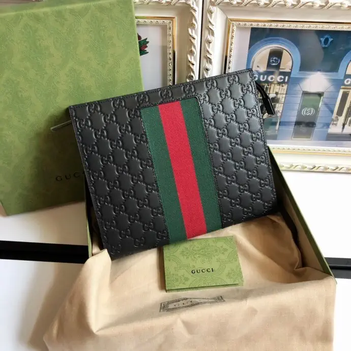 Gucci Black Embossed Web Stripe Clutch image 1