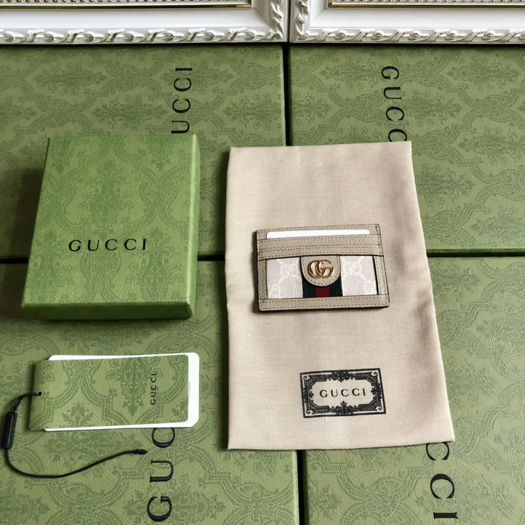 Gucci Oatmeal Monogram Card Holder with Web Stripe image 1