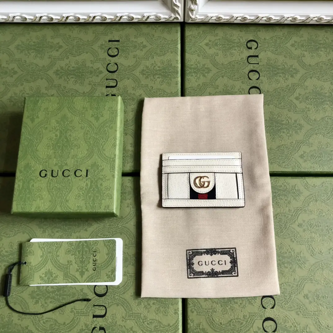 Gucci White Card Holder with GG Logo and Web Stripe image 1