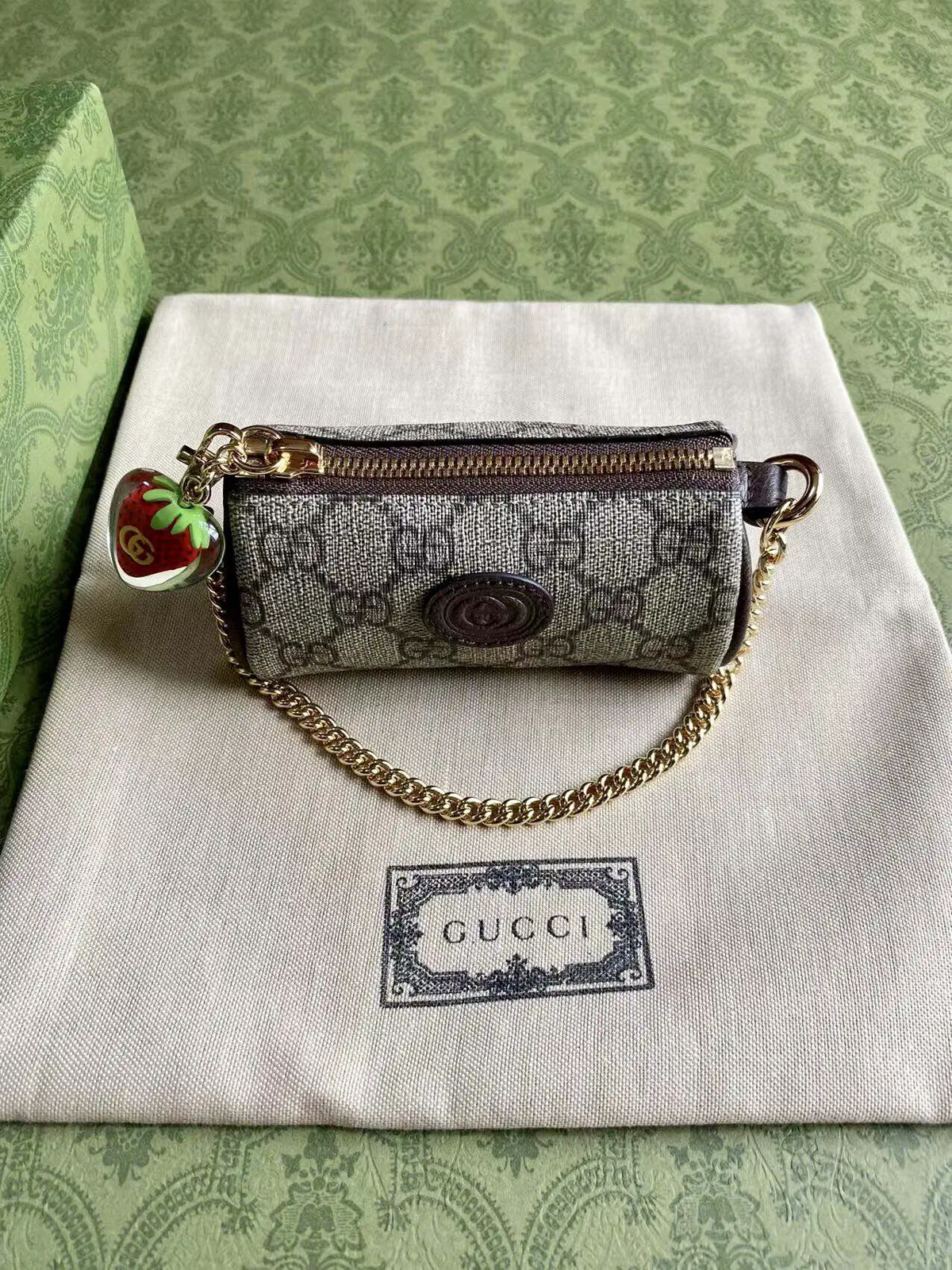 Gucci Monogram Canvas Coin Purse with Strawberry Charm image 1