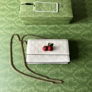 Gucci White GG Embossed Cherry Charm Chain Wallet image 1
