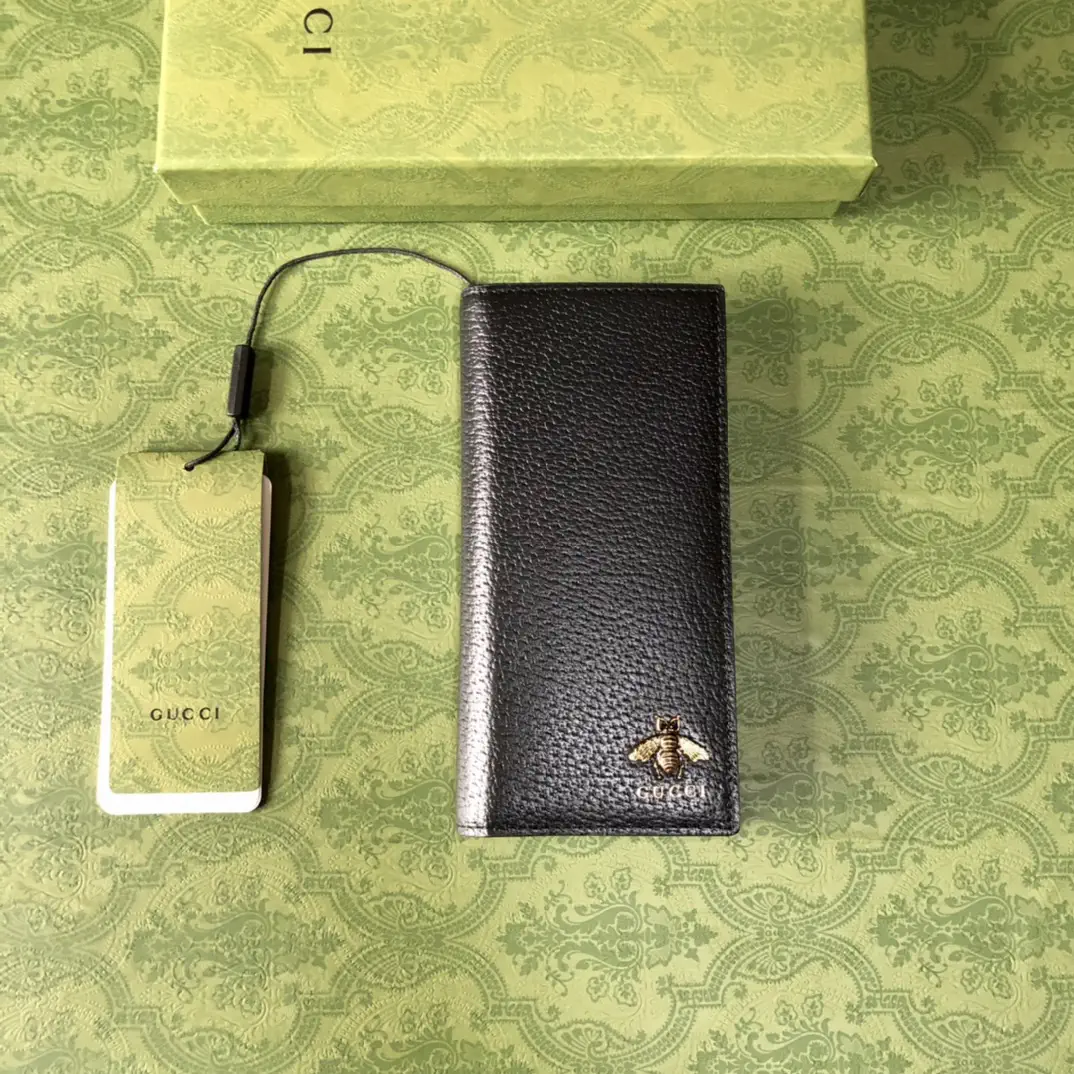 Gucci Black Leather Long Wallet with Bee Accent image 1