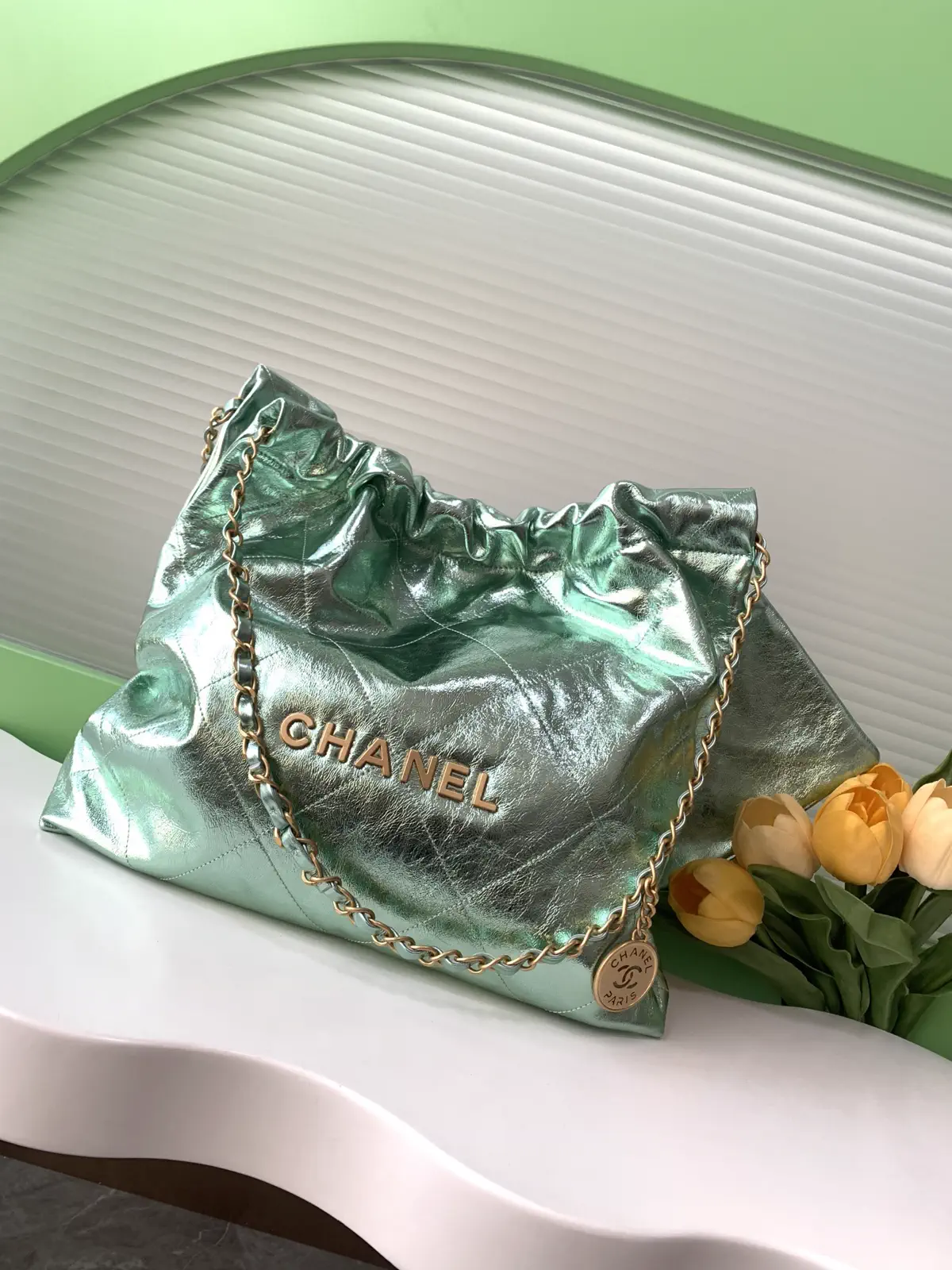 Chanel Quilted Metallic Green 22 Shoulder Bag image 1