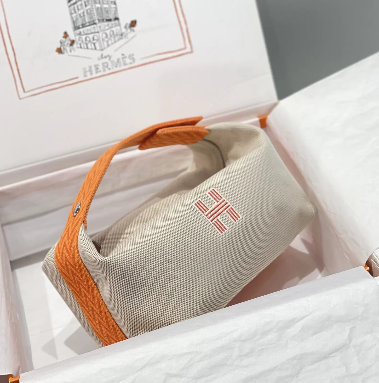 Hermès Beige Canvas Toiletry Bag with Orange Trim image 1