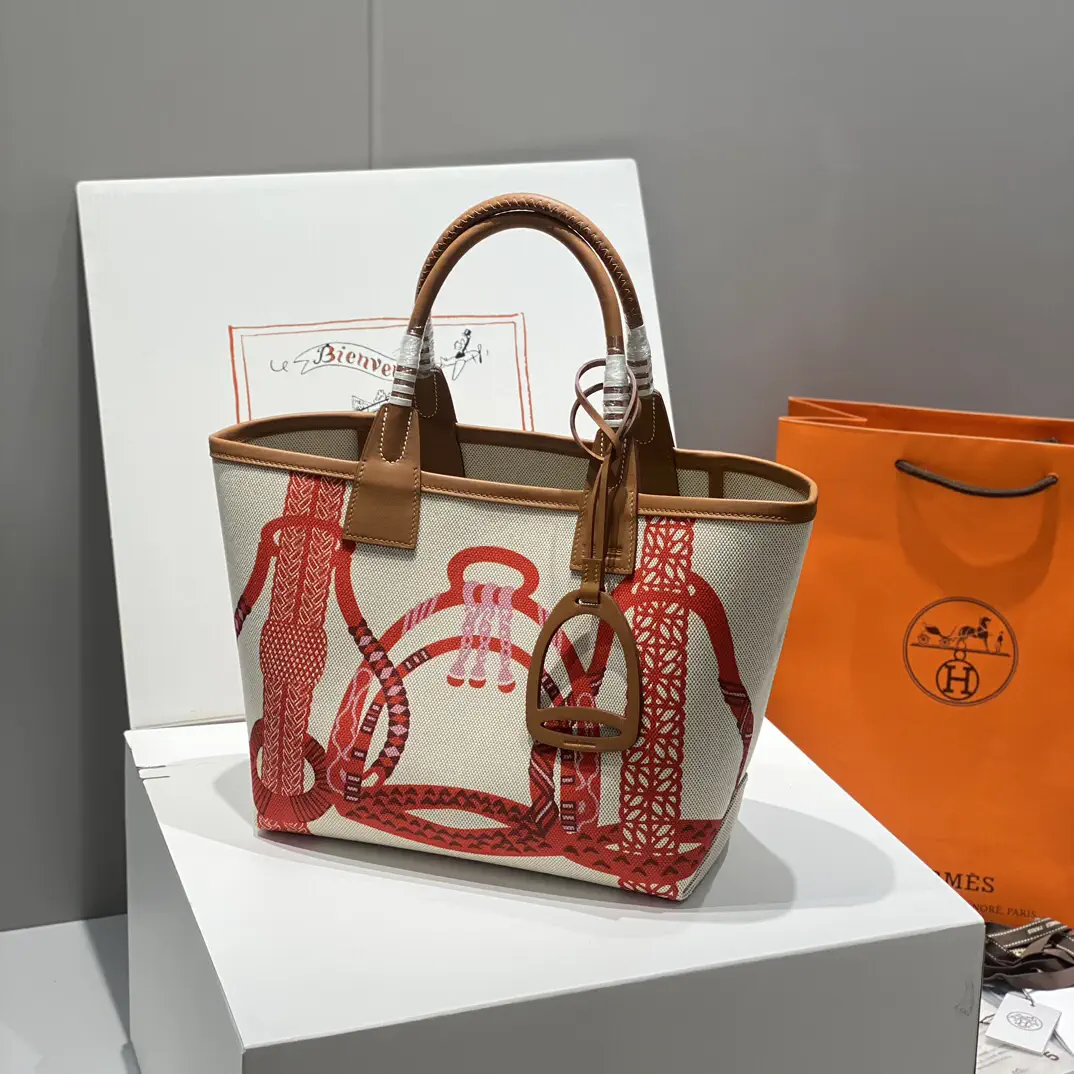 Hermès Red Printed Canvas Tote Bag image 1