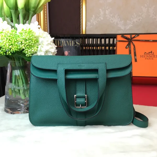 Hermès Malachite Green Pebbled Leather Halzan Bag image 1