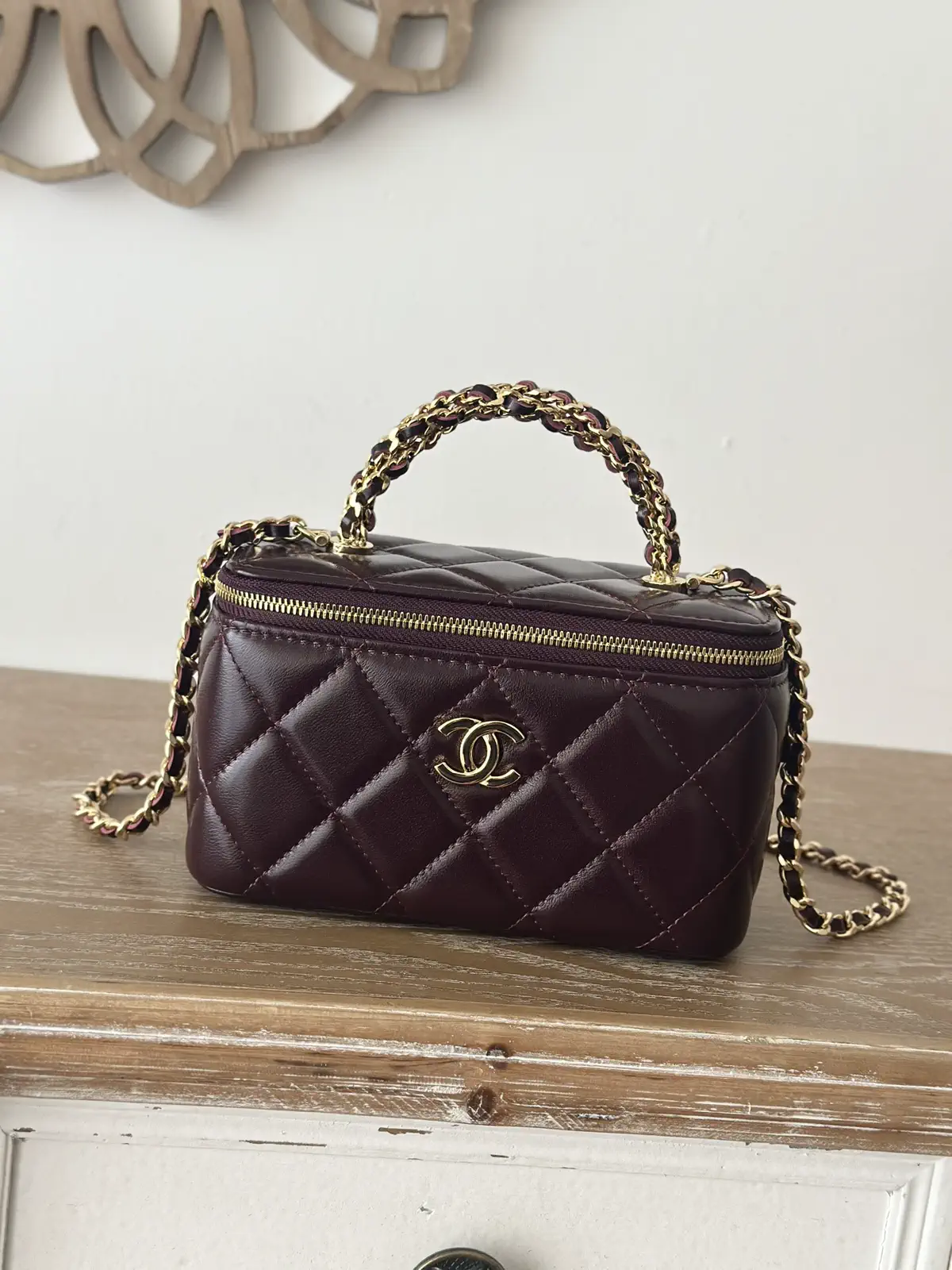 Chanel Quilted Cosmetic Bag with Chain Strap and Top Handle image 1
