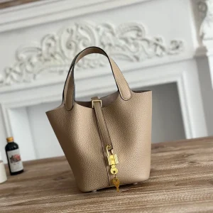 Taupe Picotin Bucket Bag with Gold Hardware image 1