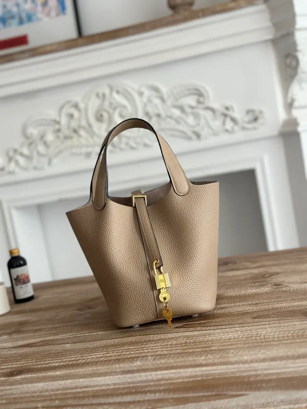 Taupe Picotin Bucket Bag with Gold Hardware image 1