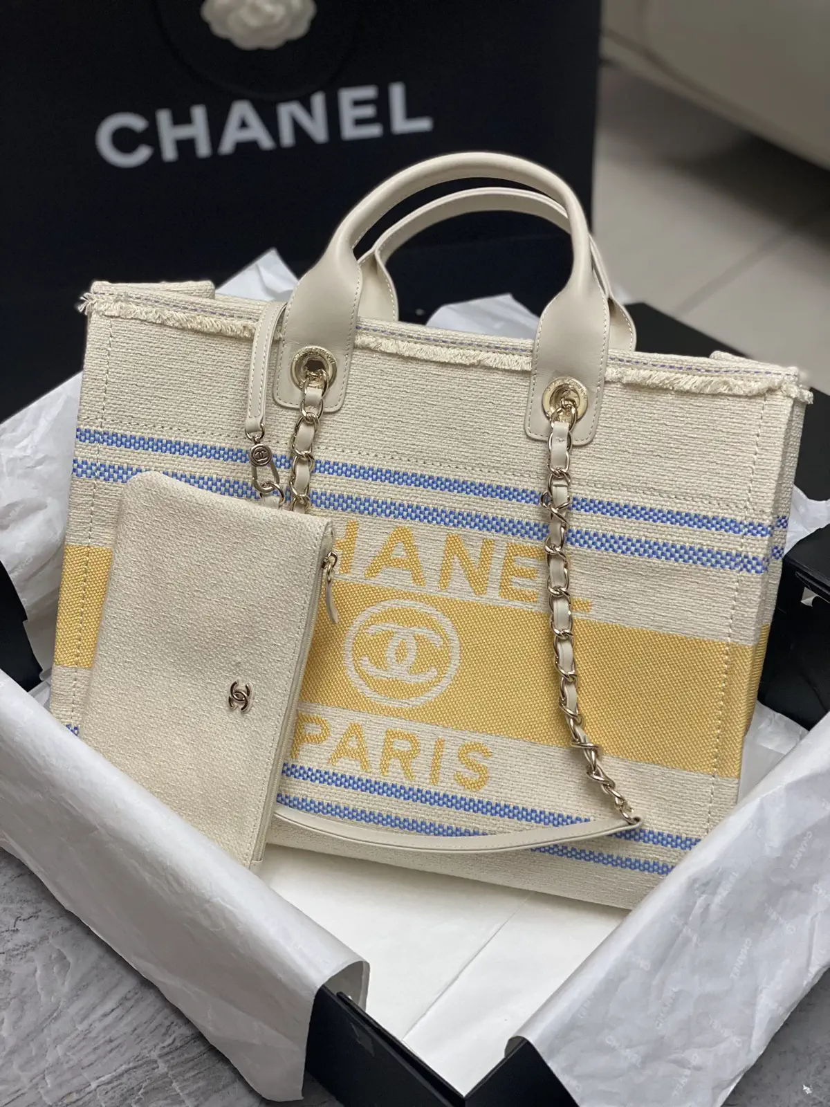 Chanel Striped Canvas Tote Bag with Pouch image 1