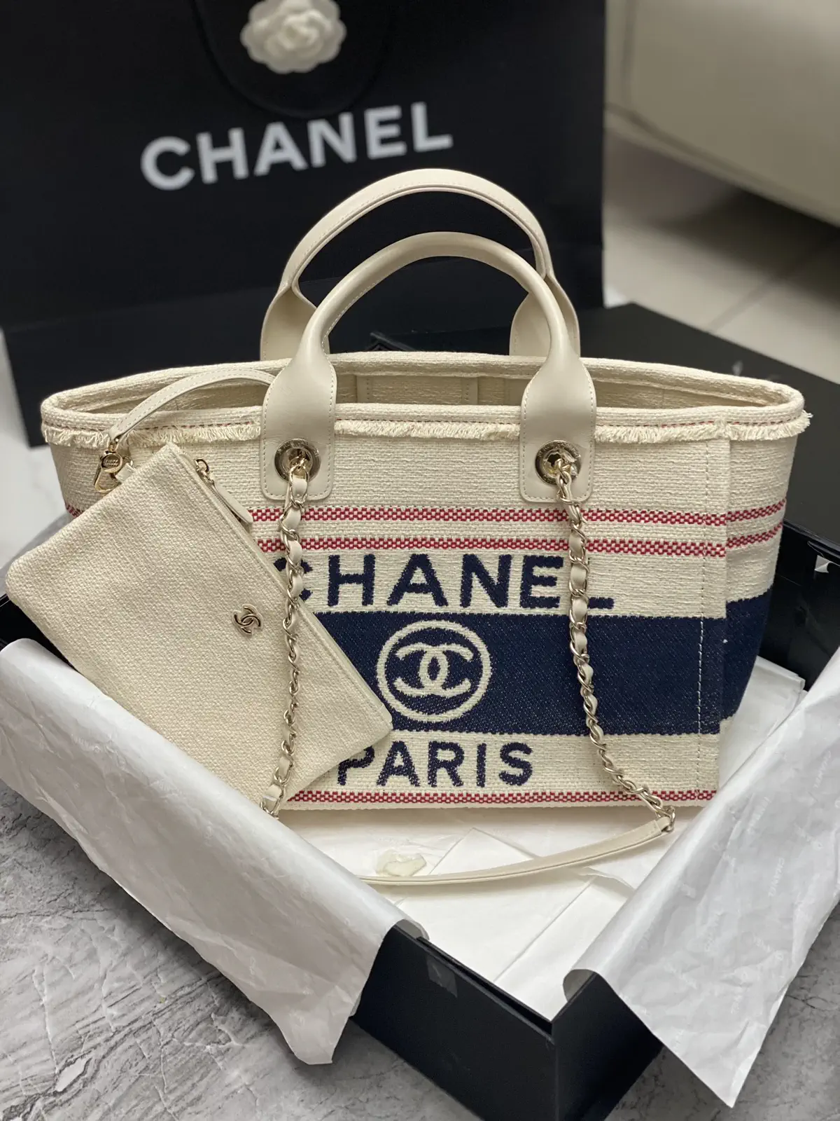 Chanel Canvas Tote Bag with Attached Pouch image 1