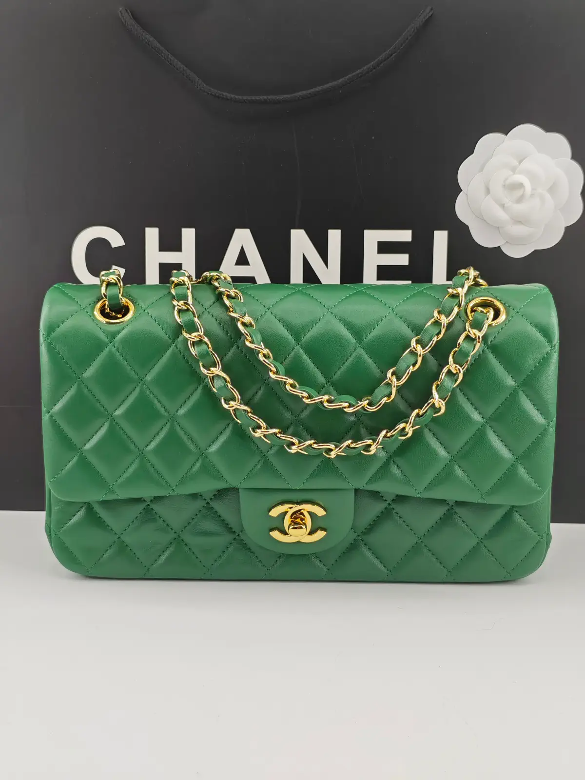 Chanel Quilted Green Lambskin Classic Flap Shoulder Bag image 1