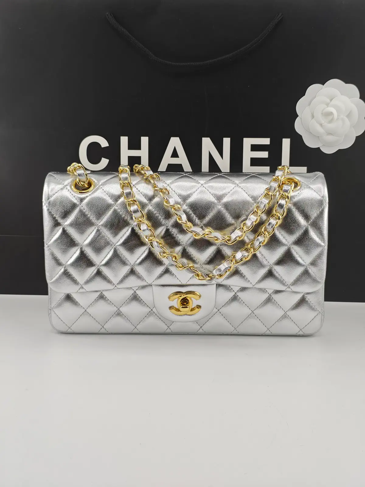 Chanel Quilted Metallic Silver Flap Shoulder Bag image 1