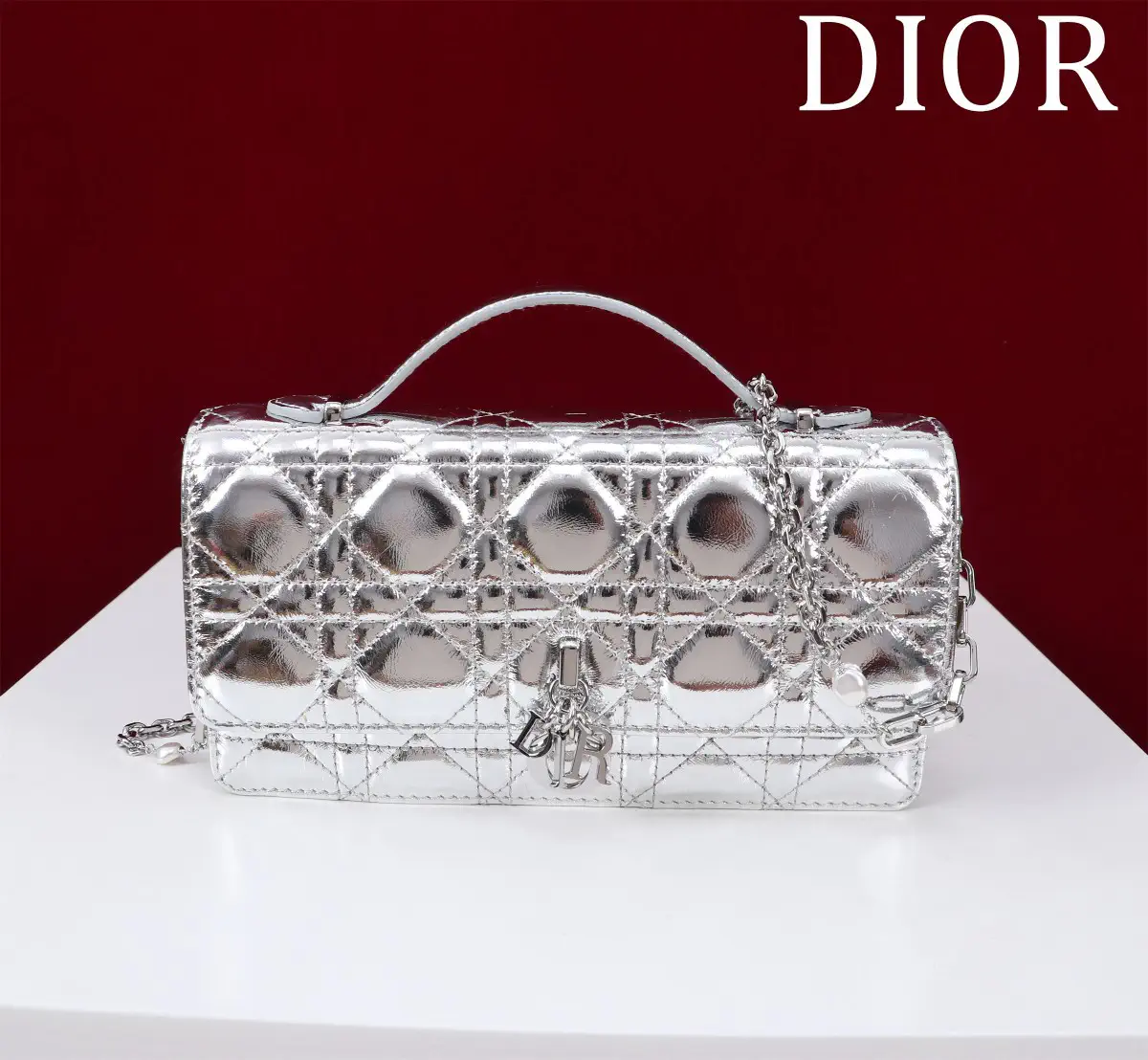 Dior Quilted Top Handle Bag with Pearl Chain Strap image 1