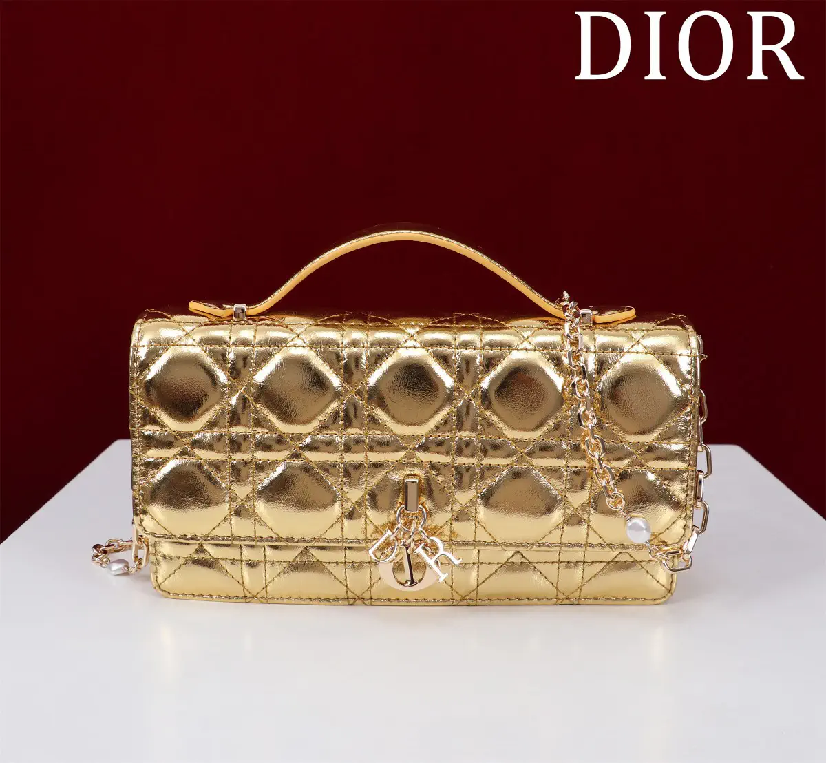 Dior Quilted Top Handle Bag with Pearl Chain image 1
