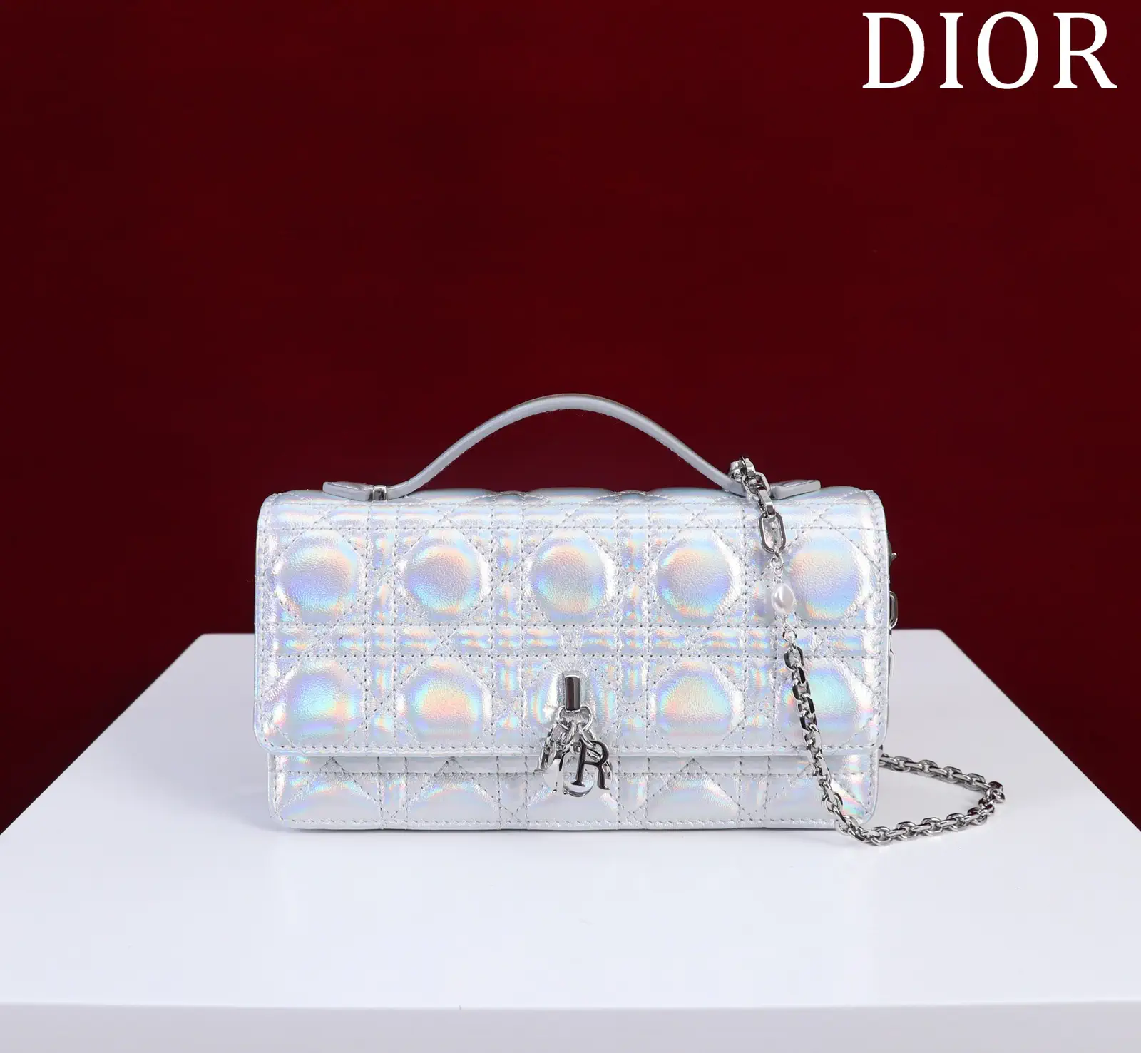Dior Quilted Top Handle Bag with Pearl Chain Strap image 1