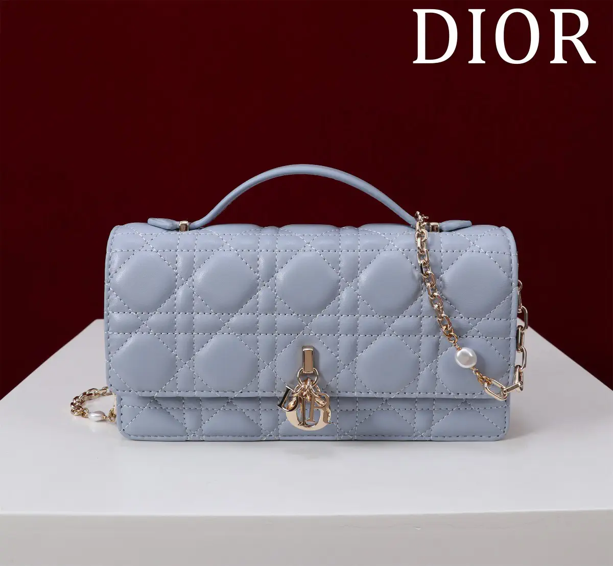 Dior Quilted Top Handle Bag with Pearl Chain image 1