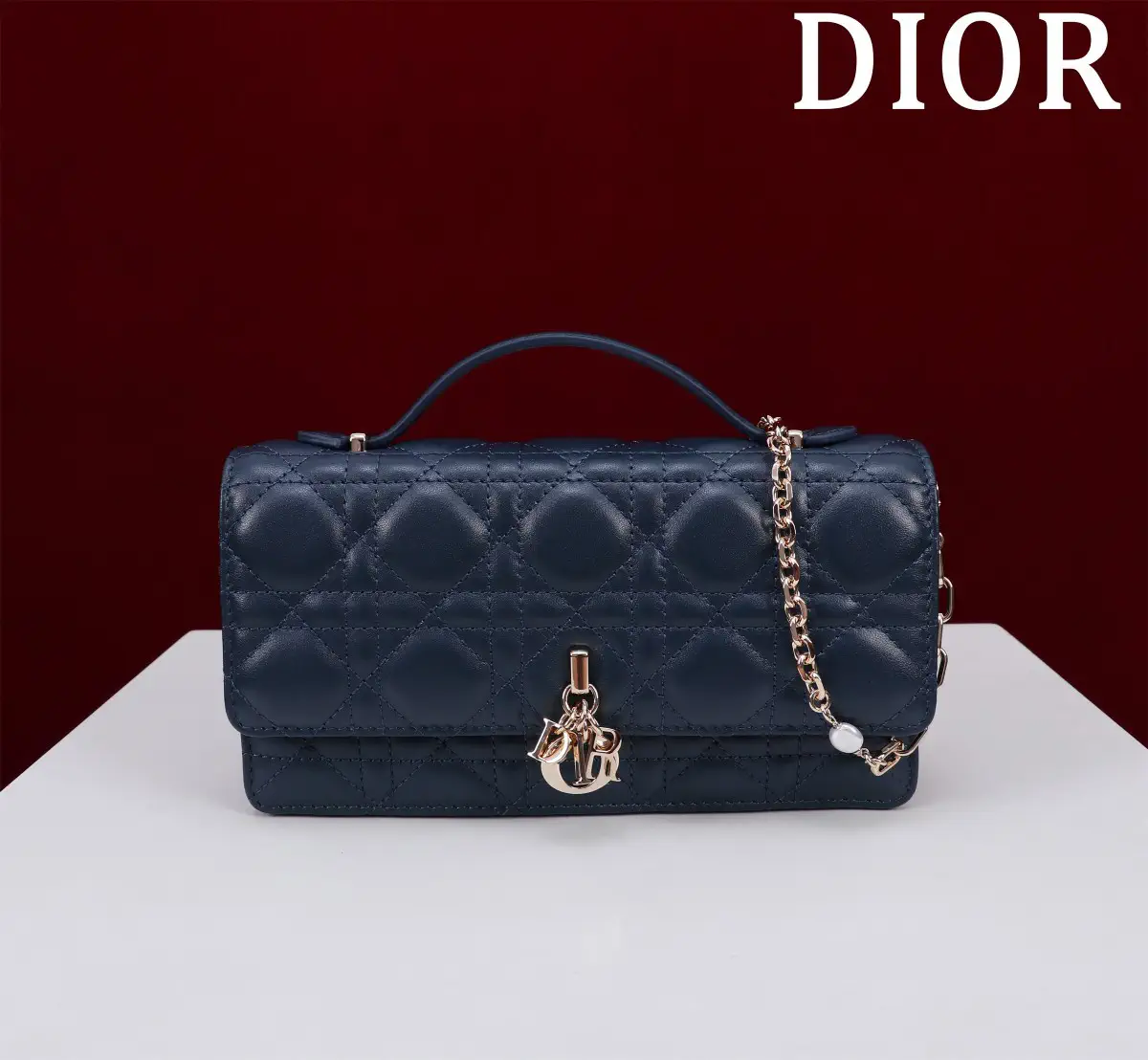 Dior Quilted Top Handle Bag with Pearl Chain Strap image 1