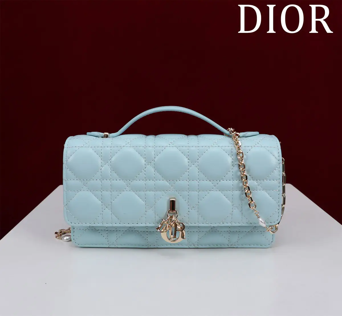 Dior Quilted Top Handle Bag with Pearl Chain Strap image 1