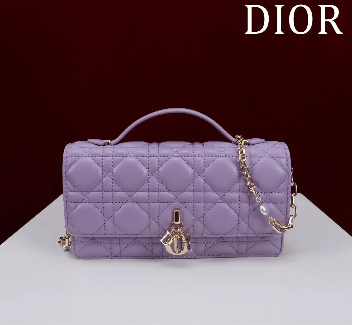 Dior Quilted Top Handle Bag with Pearl Chain Strap image 1