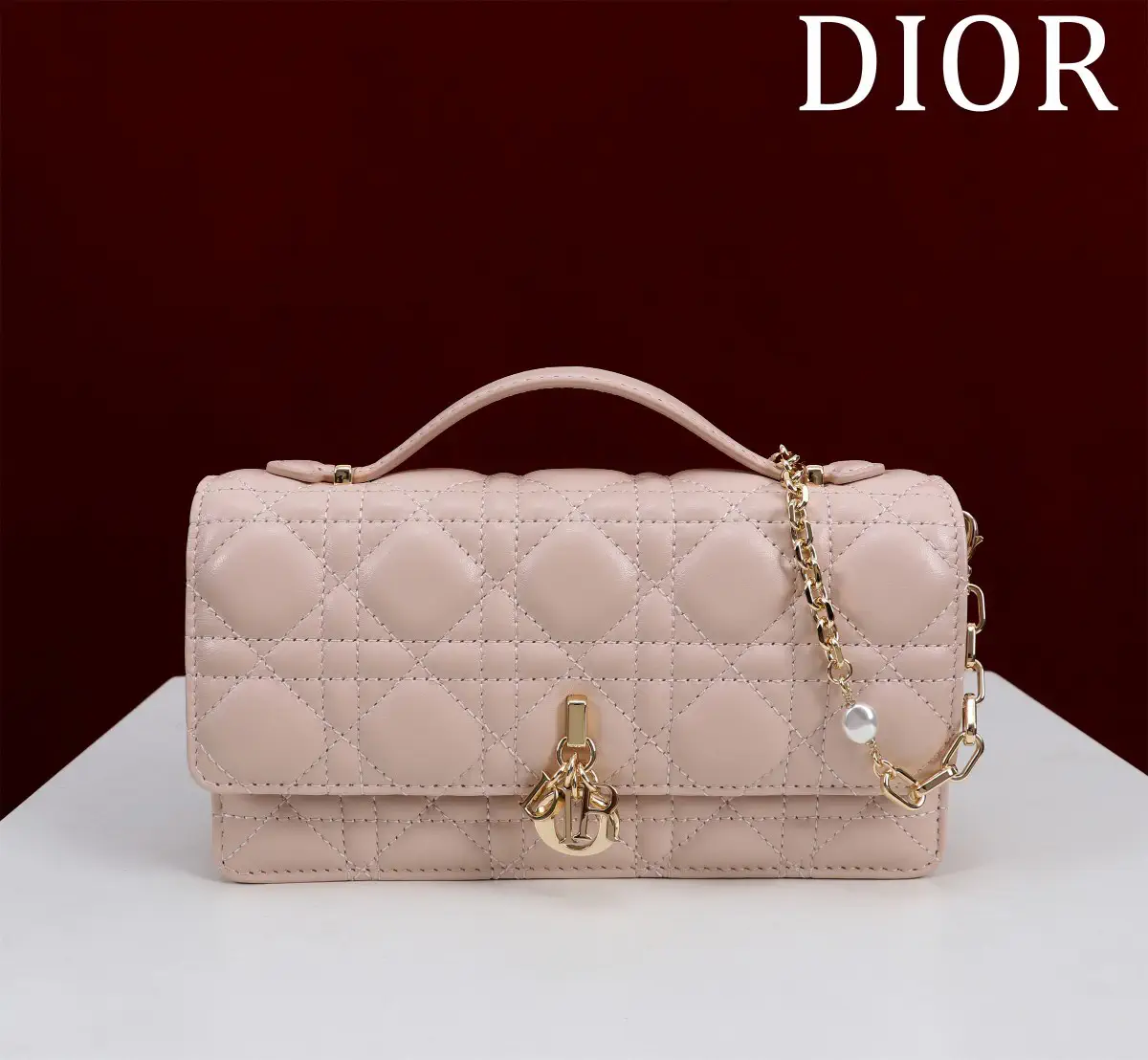 Dior Quilted Top Handle Bag with Pearl Chain image 1