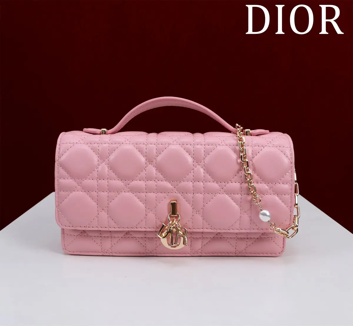 Dior Quilted Top Handle Bag with Pearl Chain image 1