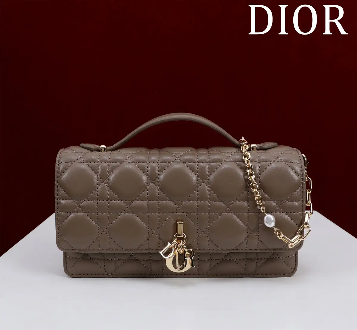 Dior Quilted Top Handle Bag with Pearl Chain Strap image 1