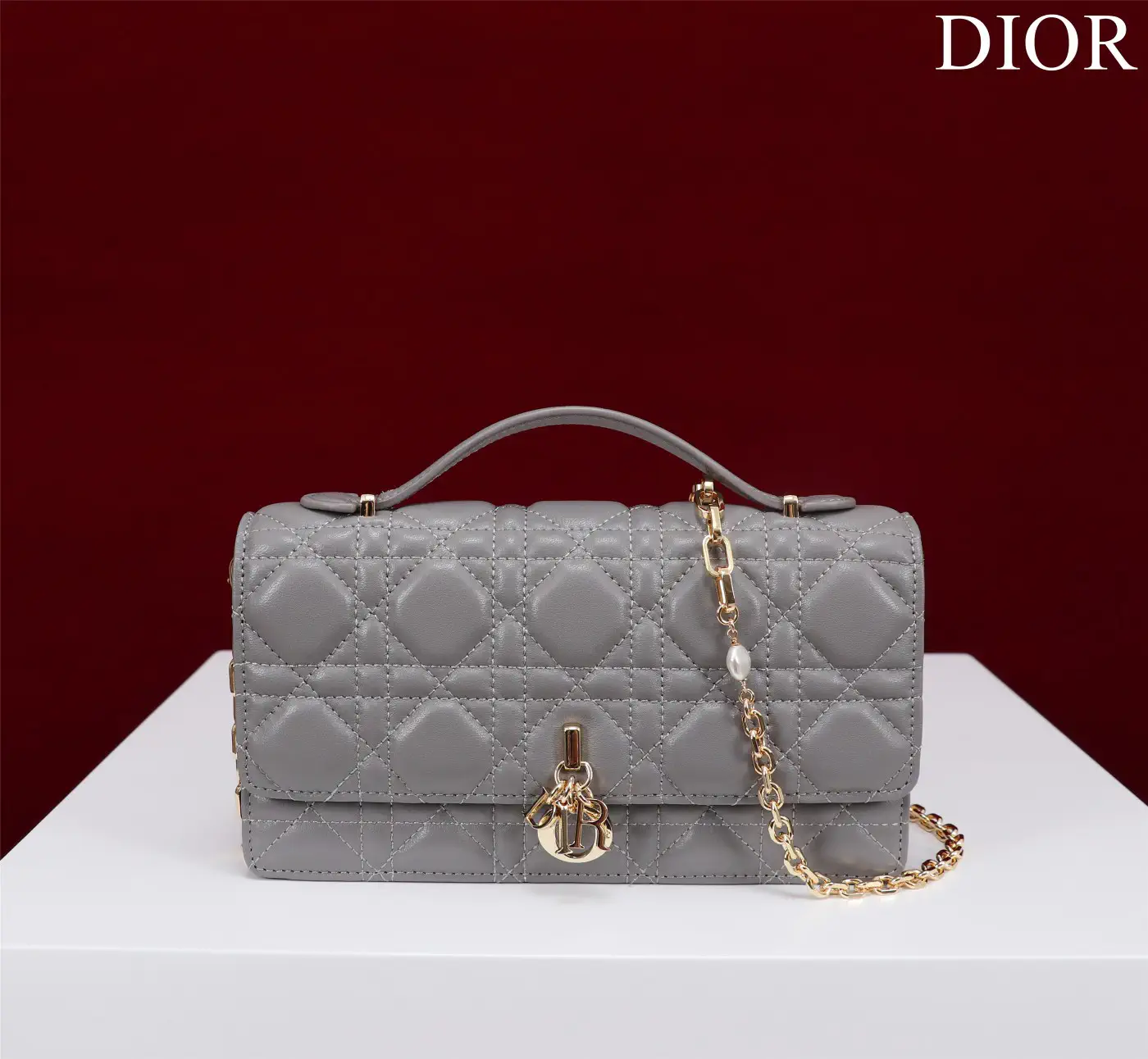 Dior Quilted Top Handle Bag with Pearl Chain Strap image 1