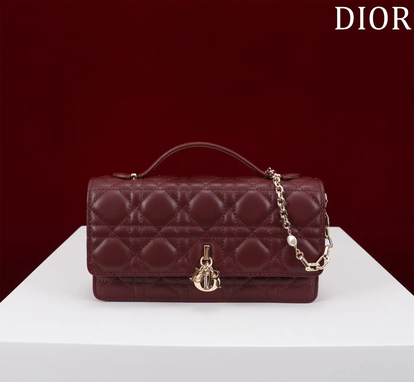 Dior Quilted Top Handle Bag with Pearl Chain Strap image 1