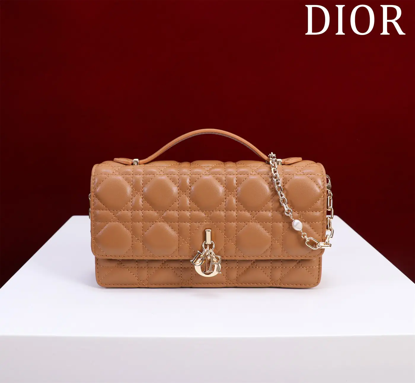 Dior Quilted Top Handle Bag with Pearl Chain Strap image 1