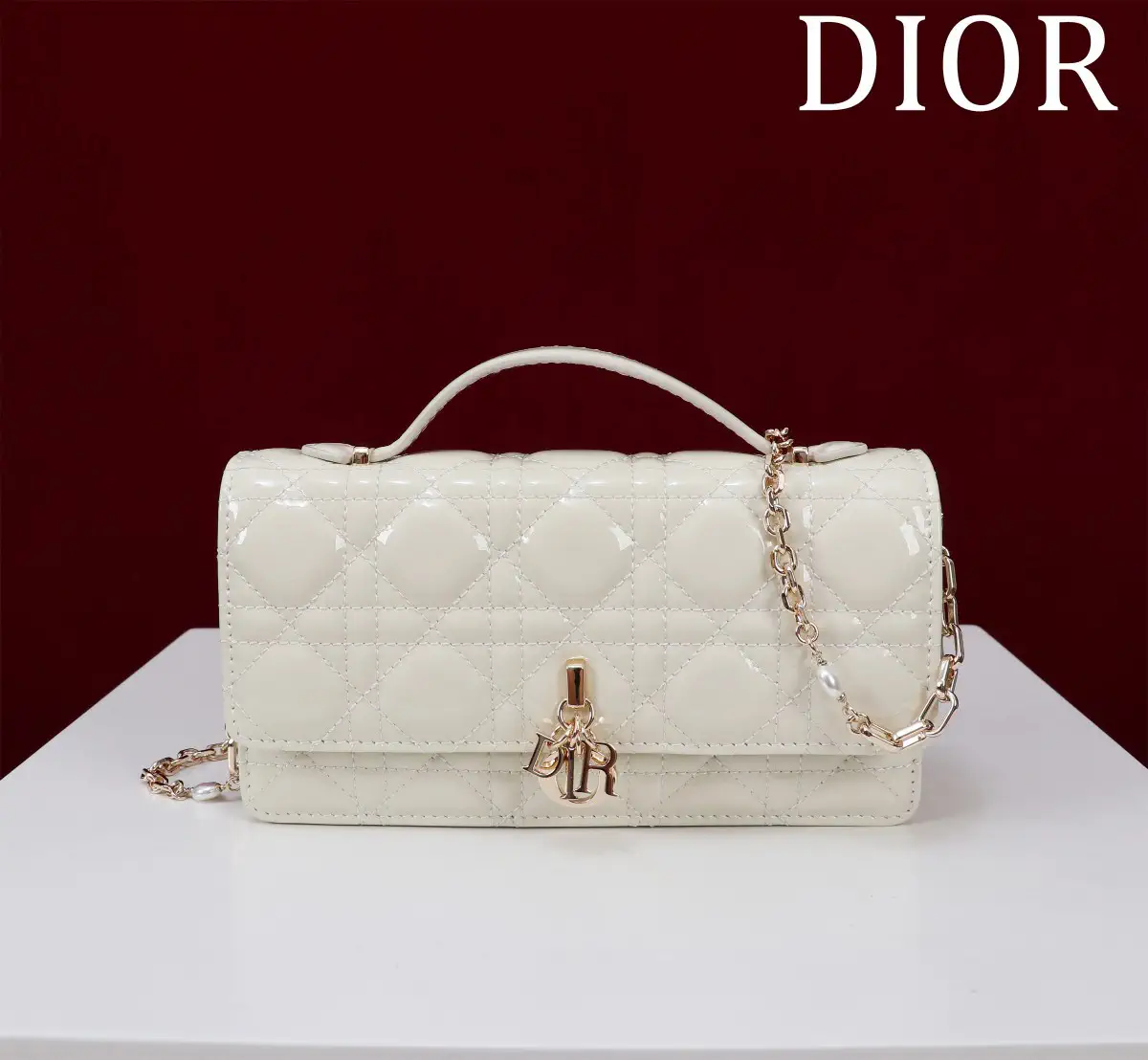 Dior Quilted Top Handle Bag with Pearl Chain Strap image 1