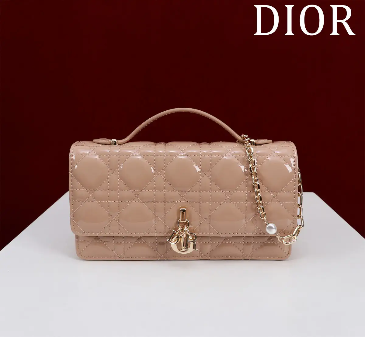Dior Quilted Top Handle Bag with Pearl Chain Strap image 1