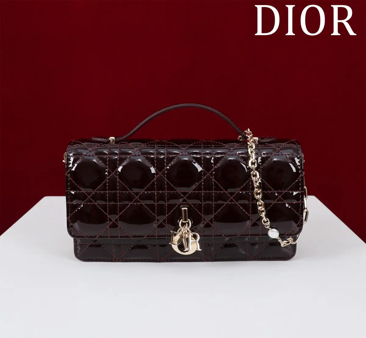 Dior Quilted Top Handle Bag with Pearl Chain Strap image 1