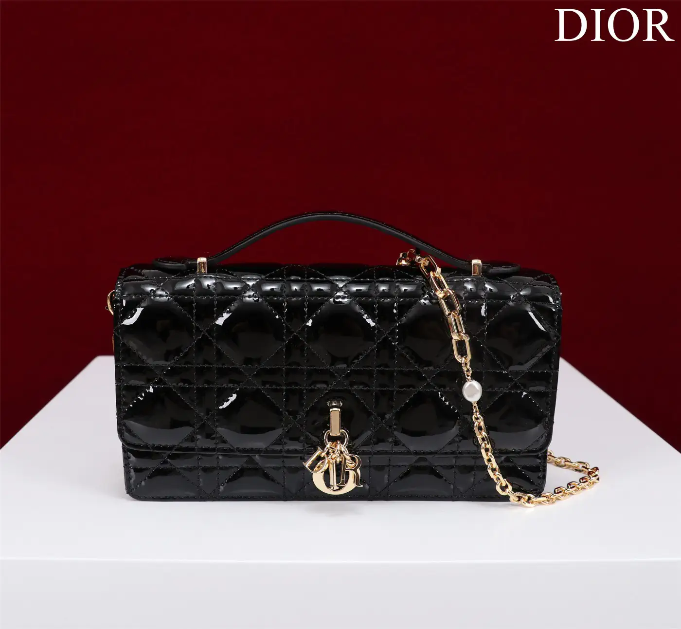 Dior Quilted Top Handle Bag with Pearl Chain Strap image 1