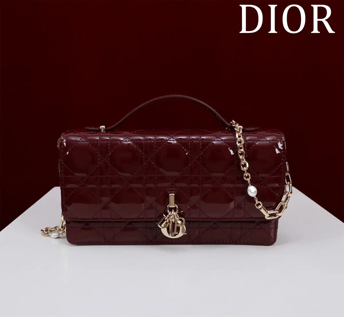Dior Quilted Top Handle Bag with Pearl Chain Strap image 1