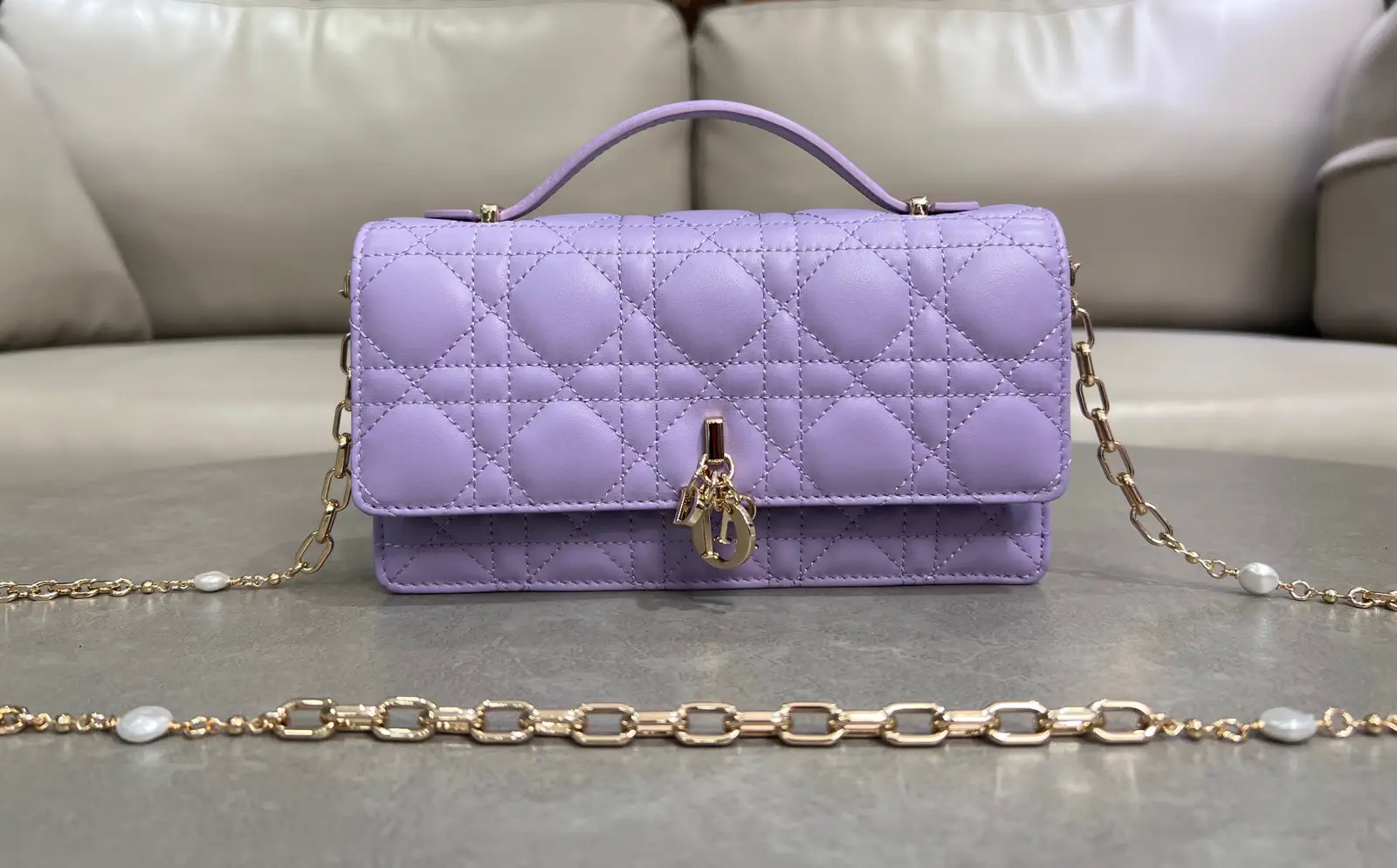 Dior Quilted Top Handle Bag with Pearl Chain image 1