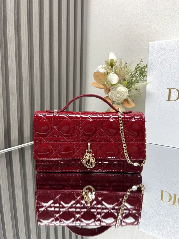 Dior Quilted Patent Top Handle Bag with Pearl Chain image 1