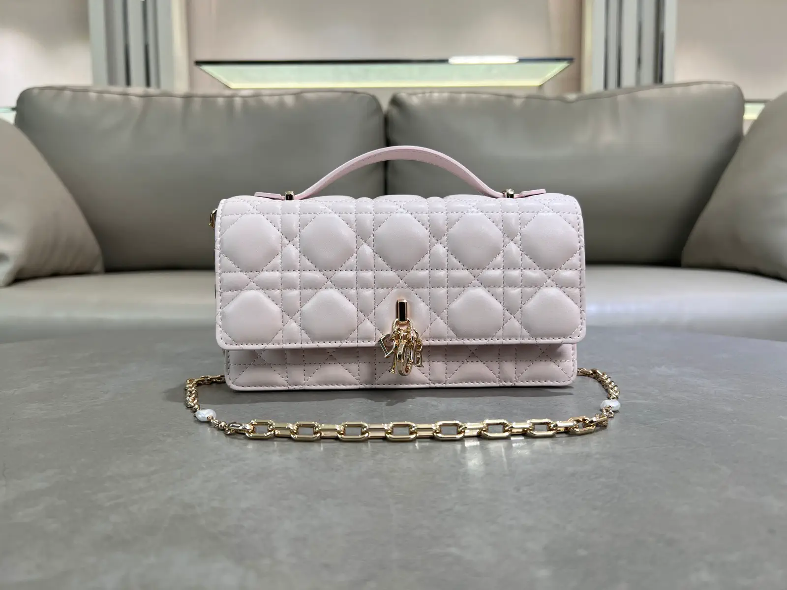 Dior Quilted Lambskin Top Handle Bag with Pearl Chain image 1