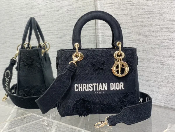 Dior Black Lace Floral Embroidered Top Handle Bag image 1