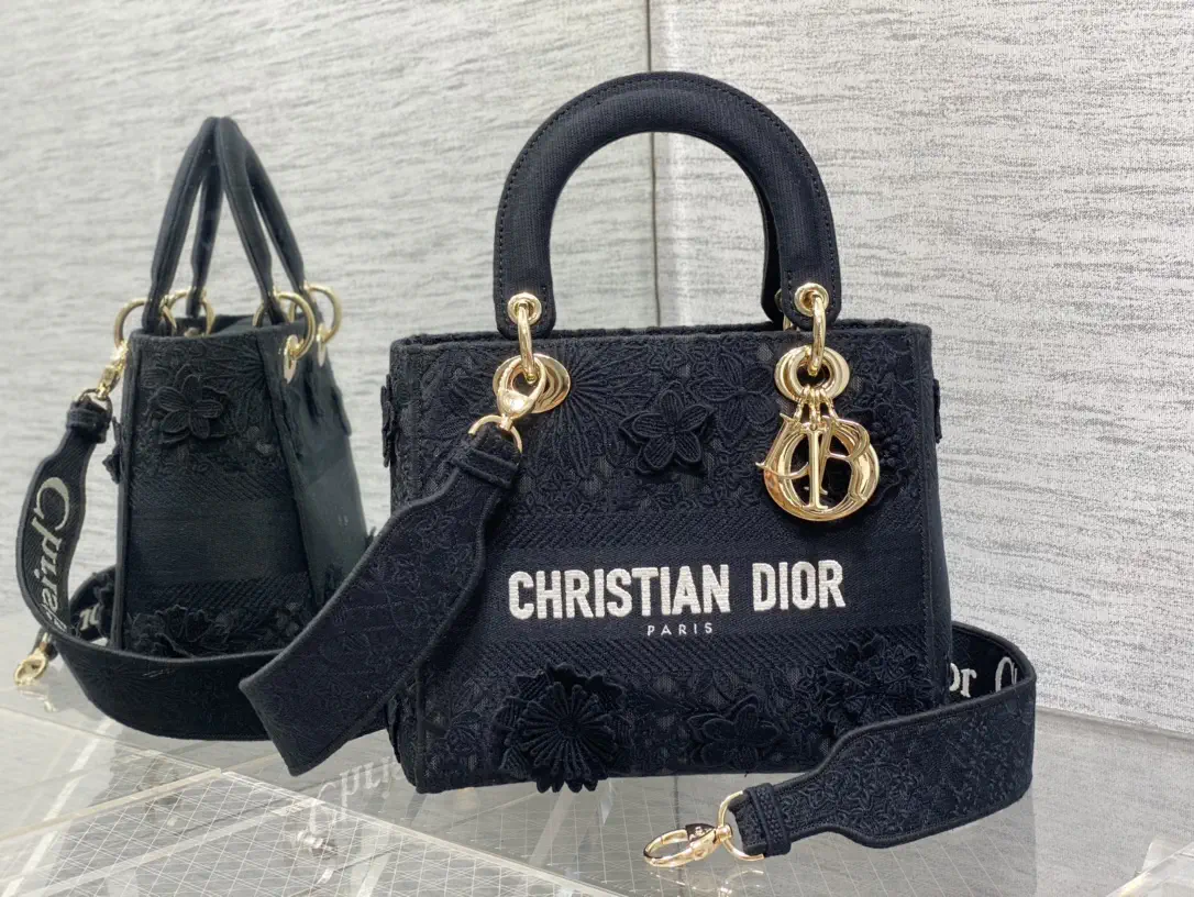 Dior Black Lace Floral Embroidered Top Handle Bag image 1
